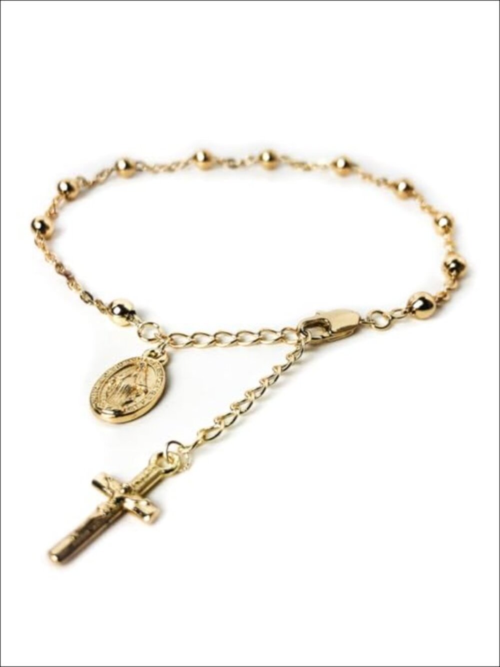 14K Gold Plated Catholic Rosary Bracelet with Crucifix and Medal Charm